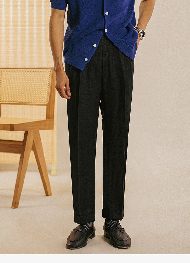 Naples High Waist Suits Retro Casual Pant Office-trouser Men Dress Pant Trouser British High Waist Pants Linen Straight Leg Pant