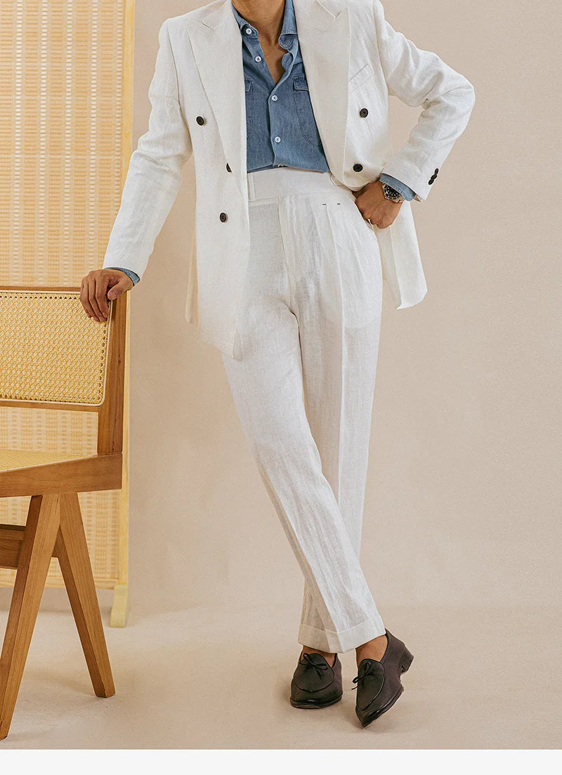 Naples High Waist Suits Retro Casual Pant Office-trouser Men Dress Pant Trouser British High Waist Pants Linen Straight Leg Pant
