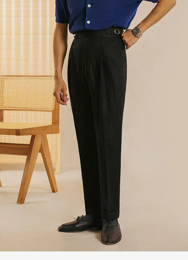 Naples High Waist Suits Retro Casual Pant Office-trouser Men Dress Pant Trouser British High Waist Pants Linen Straight Leg Pant