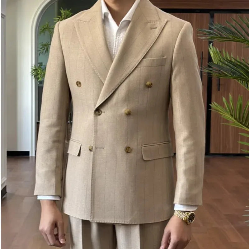 Men Suit Designers Slim Fit Business Casual Striped Double Breasted Suit Set Trend Traje Novio 2025 Men Tuxedo Suit Grooms Suit