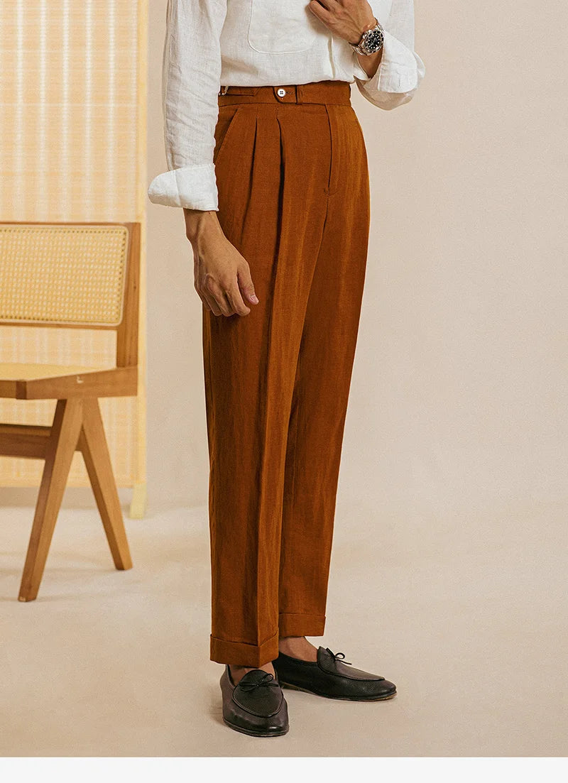 Naples High Waist Suits Retro Casual Pant Office-trouser Men Dress Pant Trouser British High Waist Pants Linen Straight Leg Pant