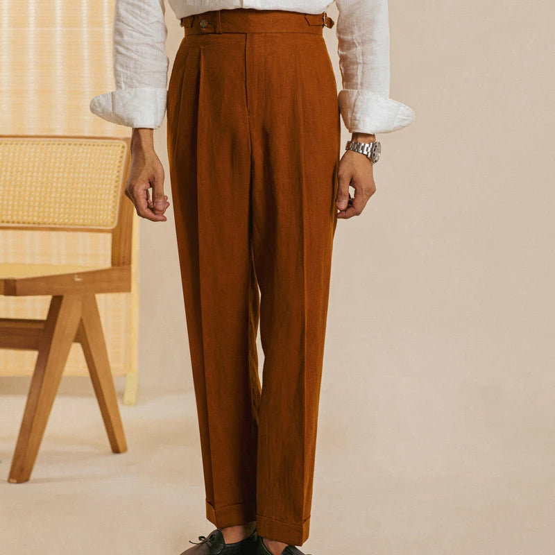 Naples High Waist Suits Retro Casual Pant Office-trouser Men Dress Pant Trouser British High Waist Pants Linen Straight Leg Pant