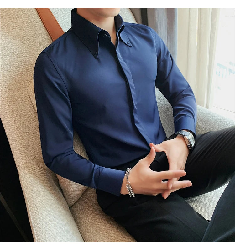 Autumn Solid Concealed Placket Shirts Men Long Sleeve Slim Fit Social Shirt Male High Quality Business Casual Prom Tuxedo