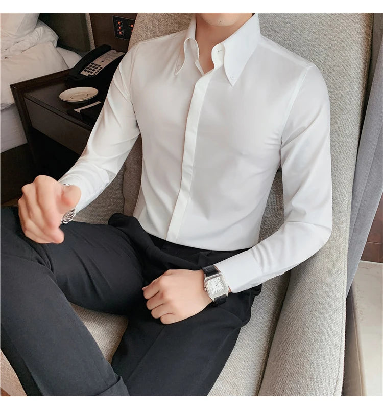 Autumn Solid Concealed Placket Shirts Men Long Sleeve Slim Fit Social Shirt Male High Quality Business Casual Prom Tuxedo