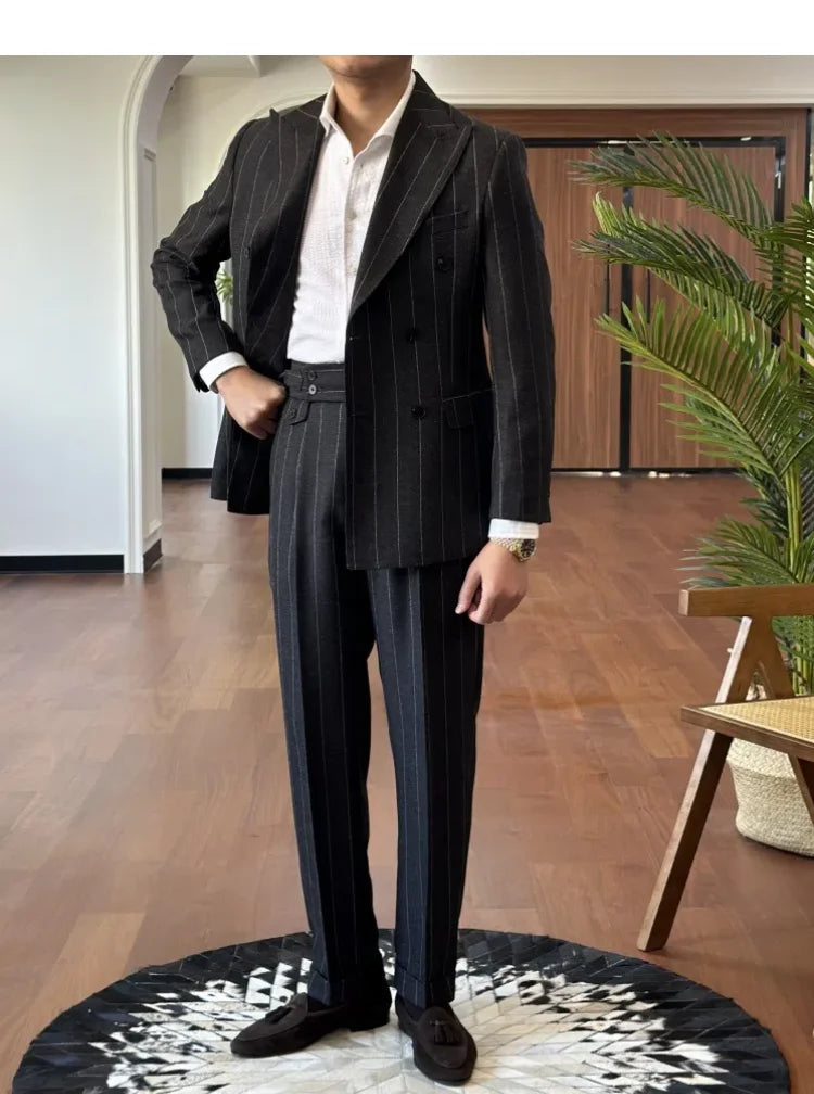 Men Suit Designers Slim Fit Business Casual Striped Double Breasted Suit Set Trend Traje Novio 2025 Men Tuxedo Suit Grooms Suit