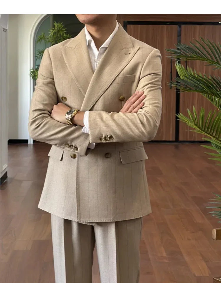 Men Suit Designers Slim Fit Business Casual Striped Double Breasted Suit Set Trend Traje Novio 2025 Men Tuxedo Suit Grooms Suit