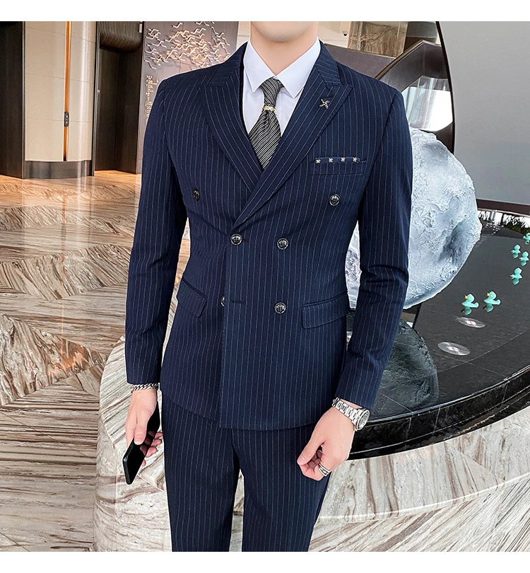 Formal Stripe Men Suits Double Breasted Wedding Groom Stage Tuxedo Man Business Slim Social Formal Suit Dress  2 Pcs / 3pcs
