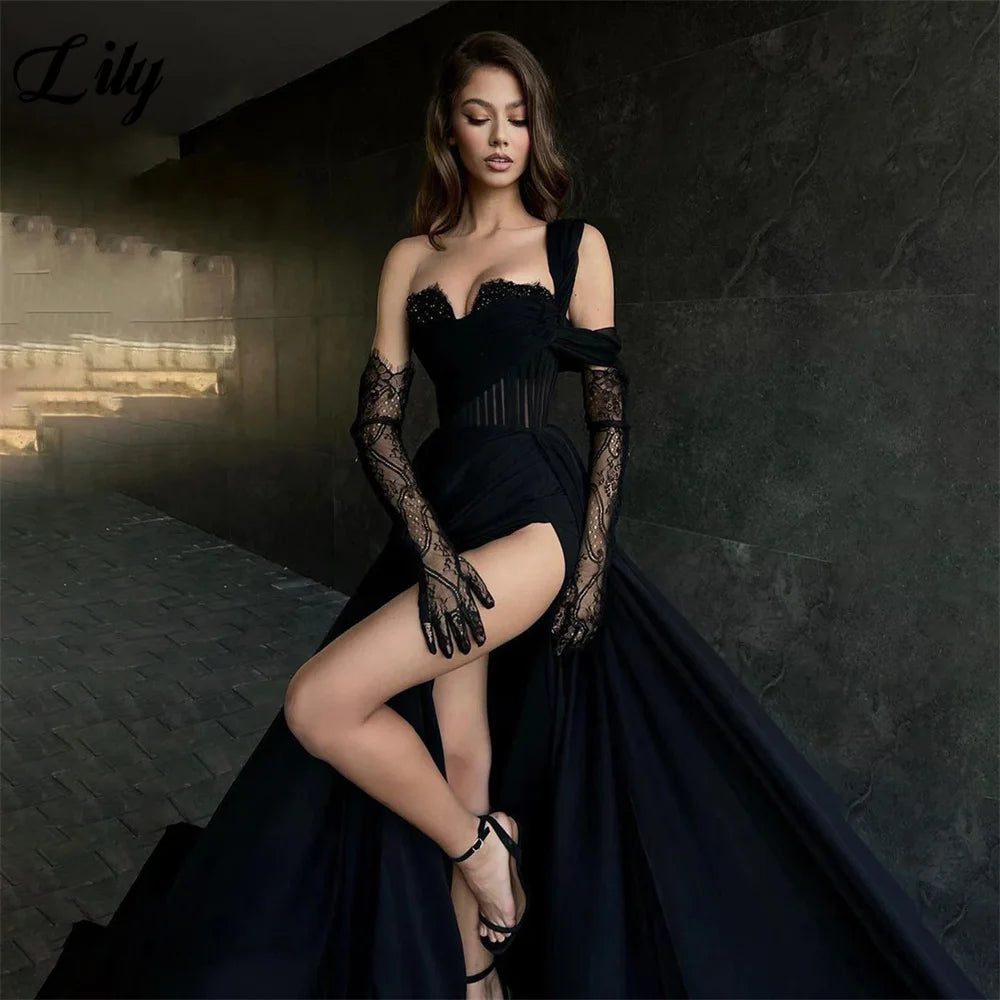 in black Evening Dresses For Women One Shoulder Black Prom Dresses Side Split Stain Mermaid