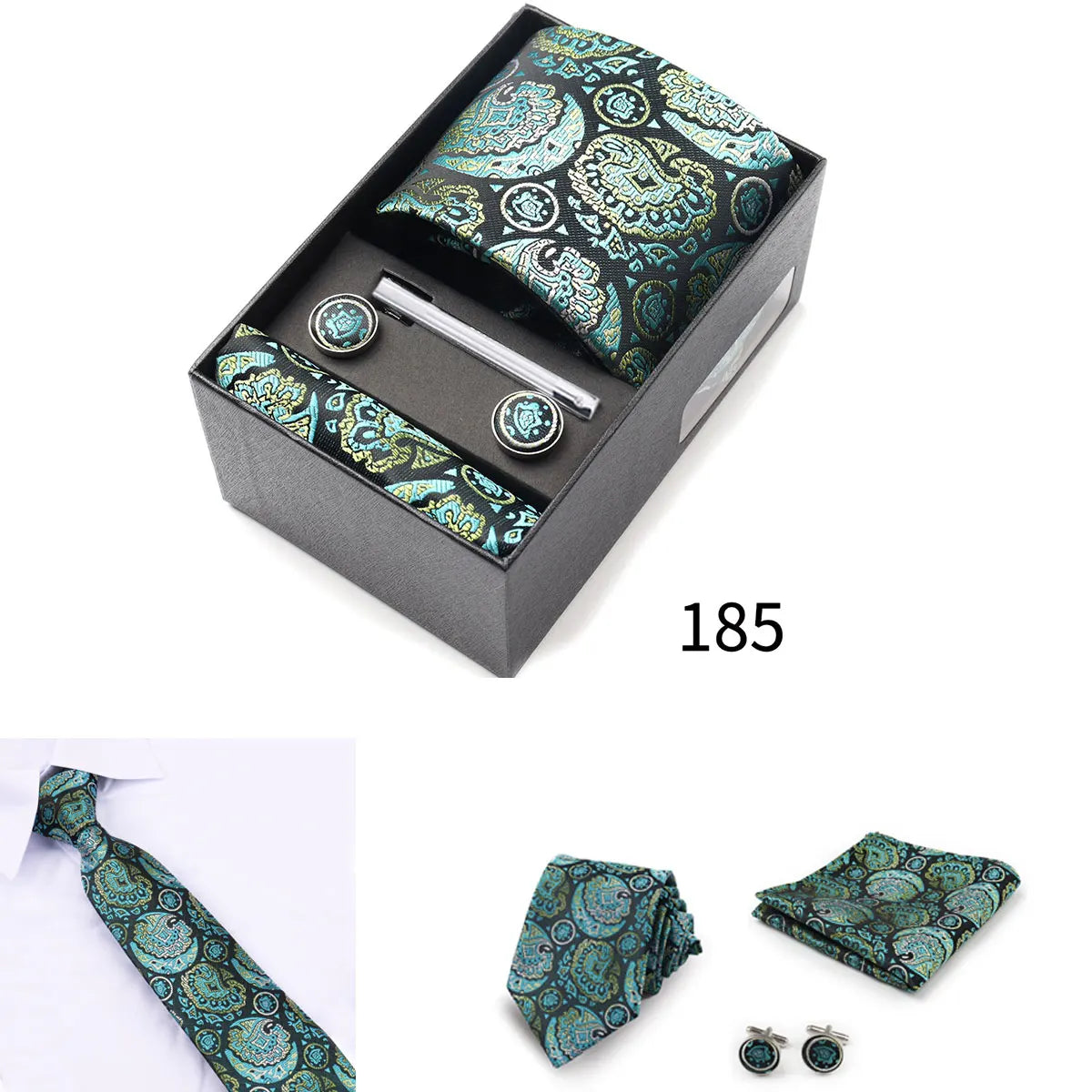 Business Ties Hanky Cufflink Tie Clips Set For Men Green Necktie Corbatas Suit Accessories Wedding In Gift Box Gravatas