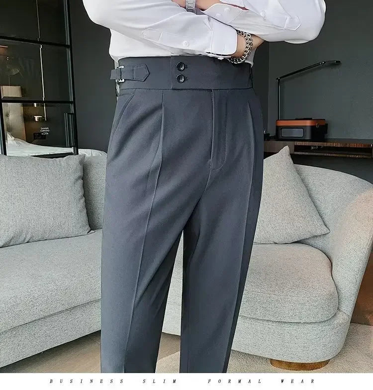 Neapolitan Men's Slim Fit Straight Leg Business Casual Trousers High Waist Pure Color Autumn Spring Long Pants