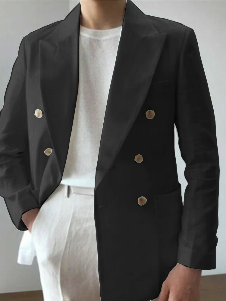 Men Double Breasted Lapel Linen Fabric Casual Suit Fashion Trendy Best Men Wedding Blazer 남성자켓 봄