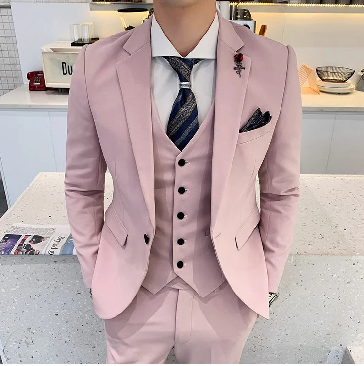 (Jacket +Vest+Pants) 2024 New Mens Wedding Suits Groom Solid Color Formal Office Business Slim Fit Suit Tuxedos 3-Pieces Set
