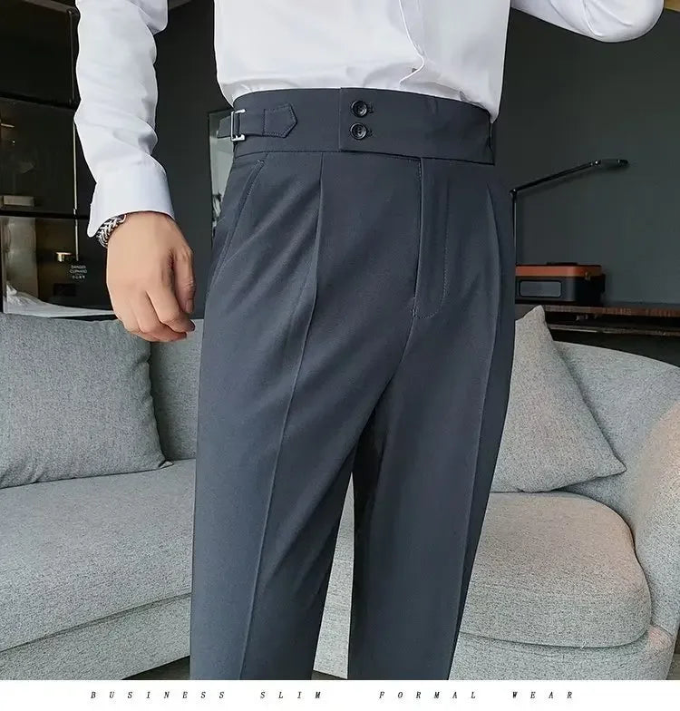 Neapolitan Men's Slim Fit Straight Leg Business Casual Trousers High Waist Pure Color Autumn Spring Long Pants