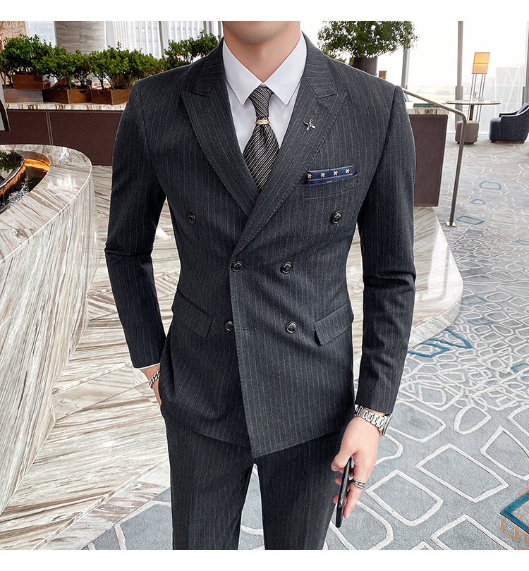 Formal Stripe Men Suits Double Breasted Wedding Groom Stage Tuxedo Man Business Slim Social Formal Suit Dress  2 Pcs / 3pcs