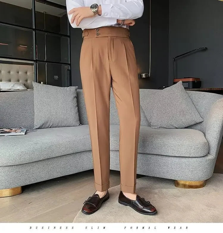 Neapolitan Men's Slim Fit Straight Leg Business Casual Trousers High Waist Pure Color Autumn Spring Long Pants