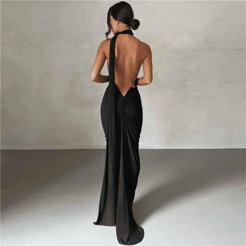 dress in black Fashion Elegant  Dress for Women Sexy One Shoulder Bodycon Slim Pleated Solid Backless Dresses Party Club Clothes