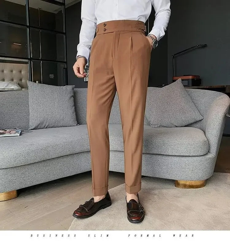 Neapolitan Men's Slim Fit Straight Leg Business Casual Trousers High Waist Pure Color Autumn Spring Long Pants