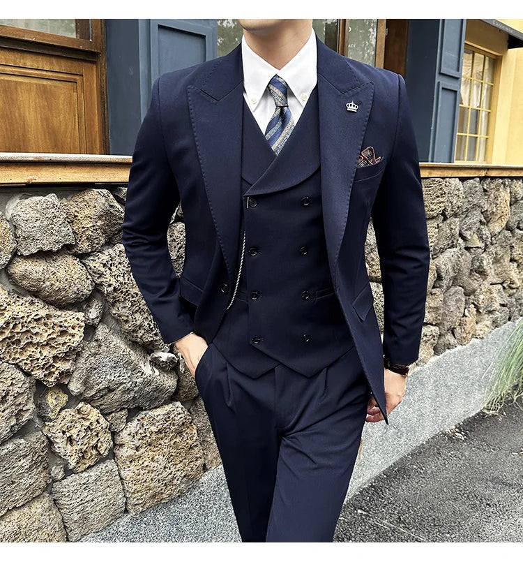 (Jackets+Pants+Vest) High Quality Men Slim Fit Party Tuxedos 3 Pieces Fashion Double Breasted Vest Design Wedding Social Suit