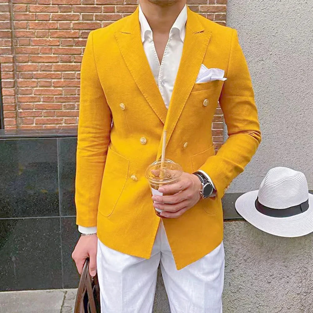 Men's Slim Fit Lapel Blazers for Business Prom Wedding Double Breasted Design (Blue Green Purple Orange Yellow)