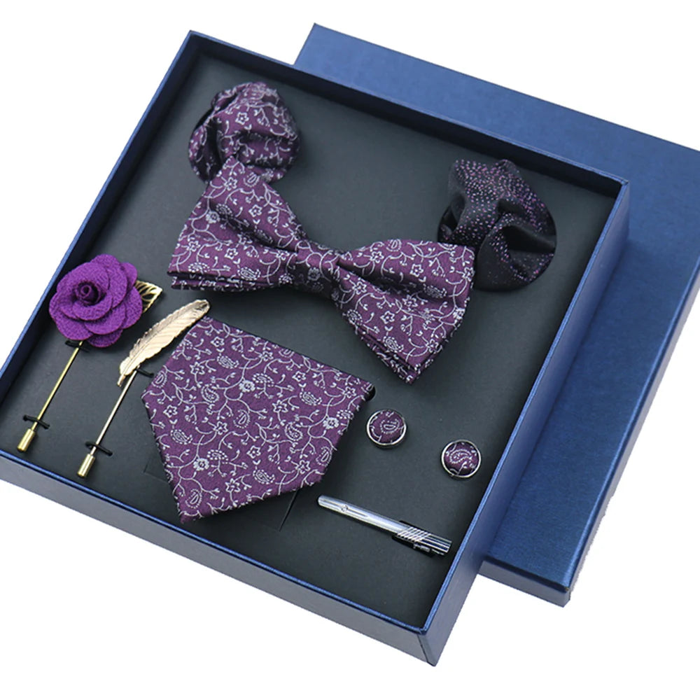 Set Bussiness Blue Ties For Mans Floral Brooches Pin Cufflinks Tie Clips Butterfly Bowtie Wedding Accessori Gift Box Set