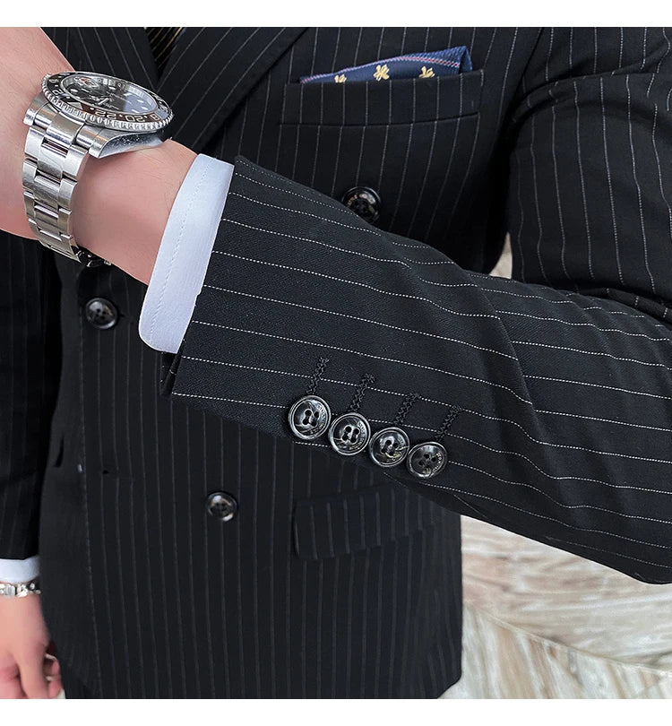 Formal Stripe Men Suits Double Breasted Wedding Groom Stage Tuxedo Man Business Slim Social Formal Suit Dress  2 Pcs / 3pcs