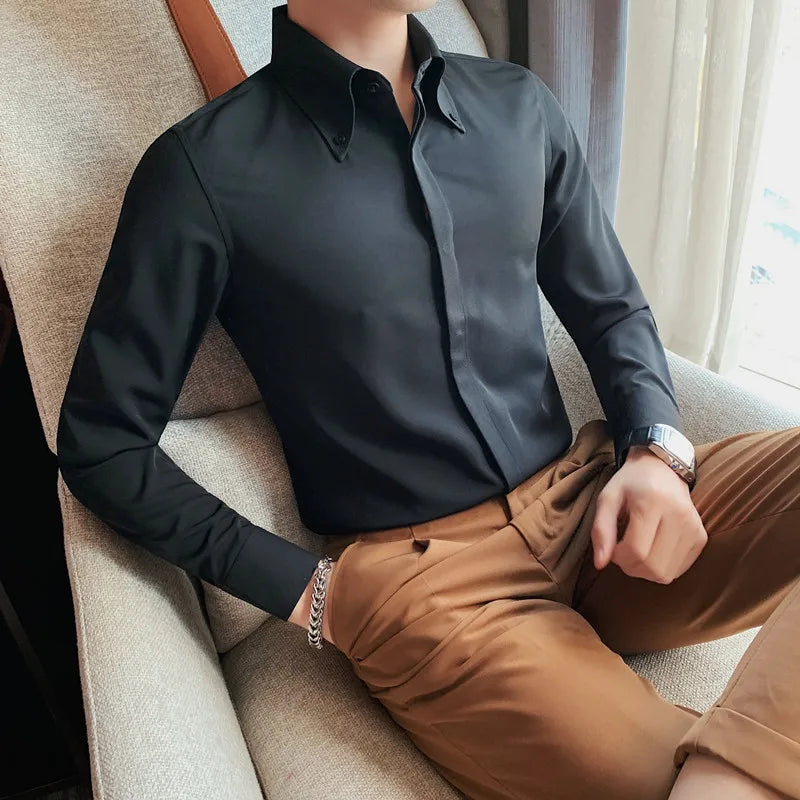 Autumn Solid Concealed Placket Shirts Men Long Sleeve Slim Fit Social Shirt Male High Quality Business Casual Prom Tuxedo