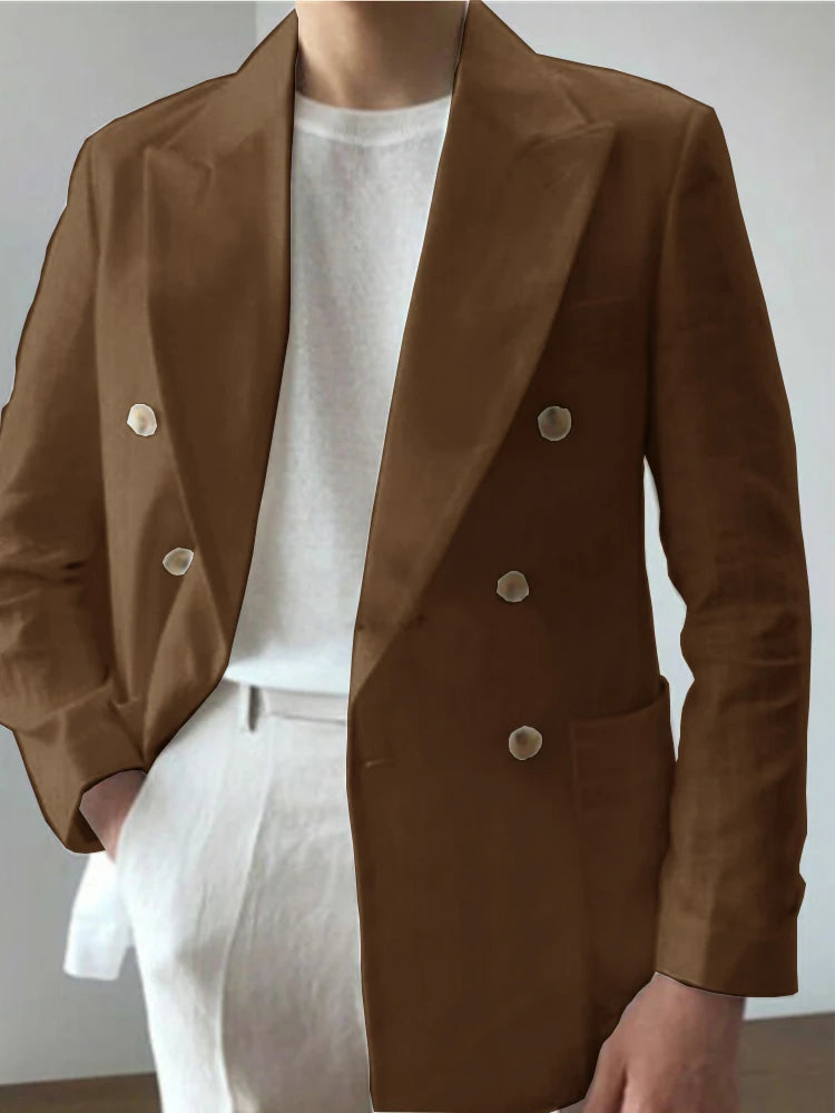 Men Double Breasted Lapel Linen Fabric Casual Suit Fashion Trendy Best Men Wedding Blazer 남성자켓 봄