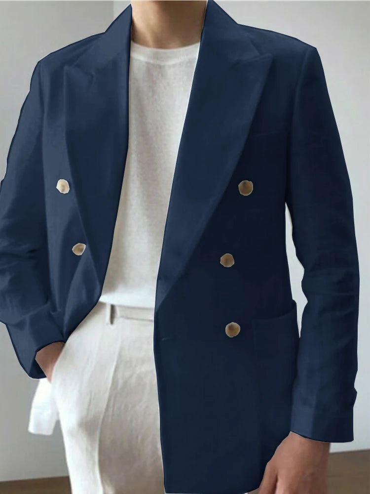 Men Double Breasted Lapel Linen Fabric Casual Suit Fashion Trendy Best Men Wedding Blazer 남성자켓 봄