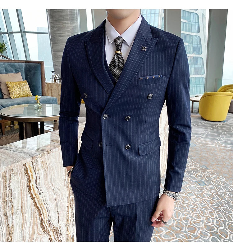 Formal Stripe Men Suits Double Breasted Wedding Groom Stage Tuxedo Man Business Slim Social Formal Suit Dress  2 Pcs / 3pcs