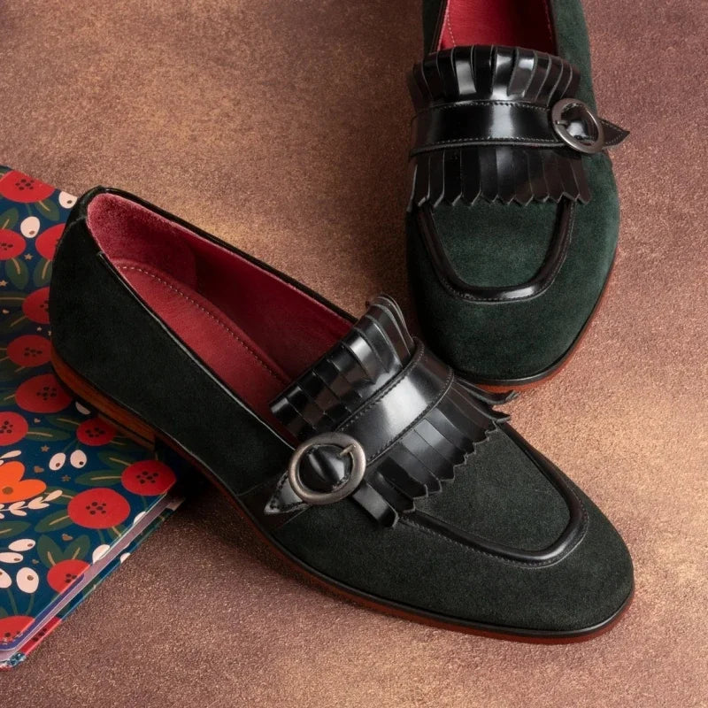 Green Men Formal Shoes Loafers Flock Tassels Slip-On Round Toe Party Wedding Shoes for Men  Size 38-46