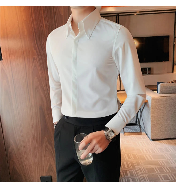 Autumn Solid Concealed Placket Shirts Men Long Sleeve Slim Fit Social Shirt Male High Quality Business Casual Prom Tuxedo