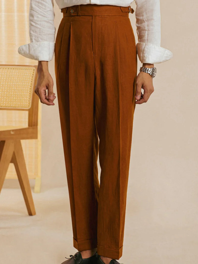 Naples High Waist Suits Retro Casual Pant Office-trouser Men Dress Pant Trouser British High Waist Pants Linen Straight Leg Pant