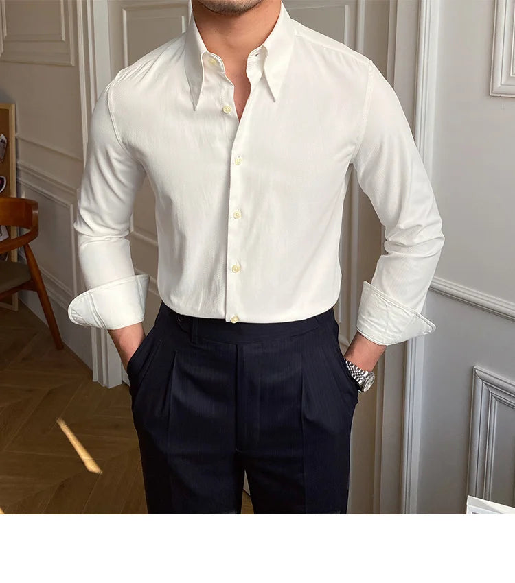 Spring Leisure British Business Shirt Design British Men Cuba Collar Slim Solid White Shirt Camisa Social Masculina Men Shirt