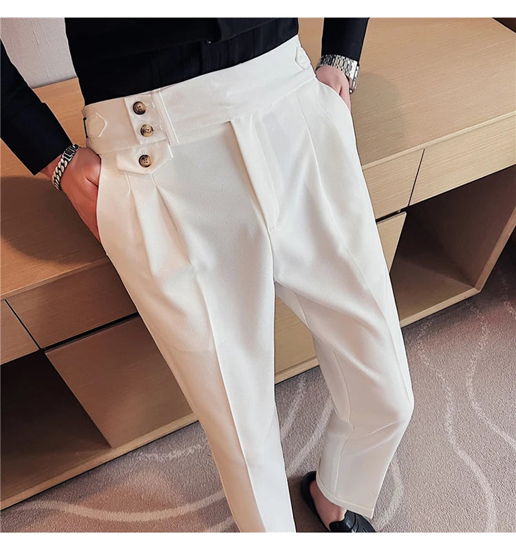 British Style Spring New Solid Business Casual Suit Pants High Waist Button Men Formal Pants High Quality Slim Office Trousers