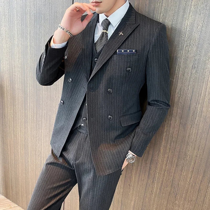 Formal Stripe Men Suits Double Breasted Wedding Groom Stage Tuxedo Man Business Slim Social Formal Suit Dress  2 Pcs / 3pcs