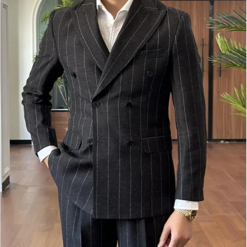 Men Suit Designers Slim Fit Business Casual Striped Double Breasted Suit Set Trend Traje Novio 2025 Men Tuxedo Suit Grooms Suit