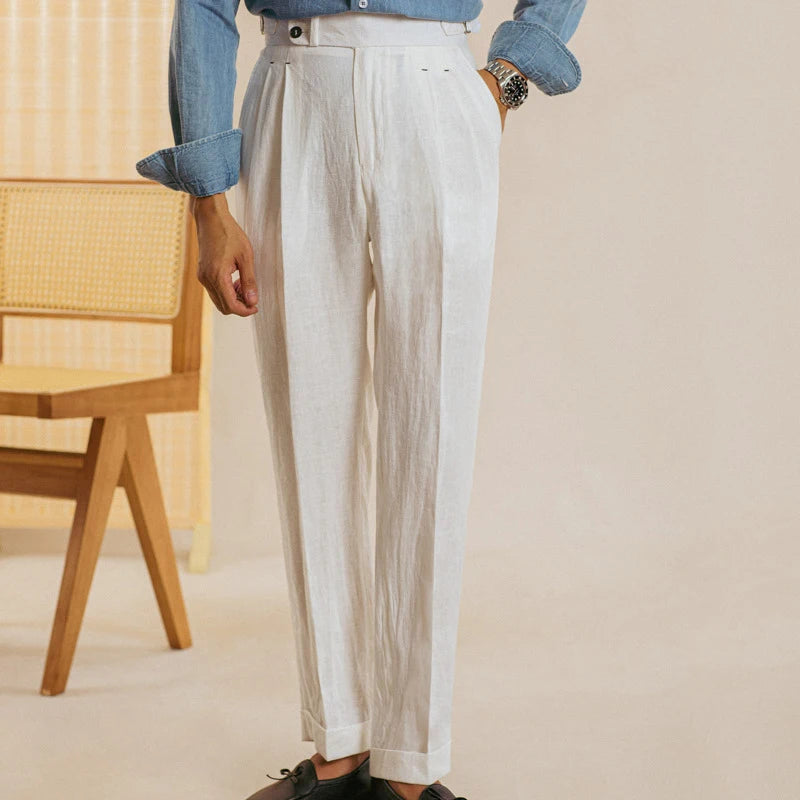 Naples High Waist Suits Retro Casual Pant Office-trouser Men Dress Pant Trouser British High Waist Pants Linen Straight Leg Pant