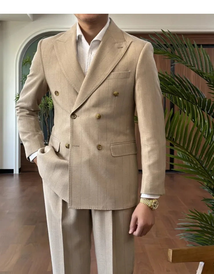Men Suit Designers Slim Fit Business Casual Striped Double Breasted Suit Set Trend Traje Novio 2025 Men Tuxedo Suit Grooms Suit