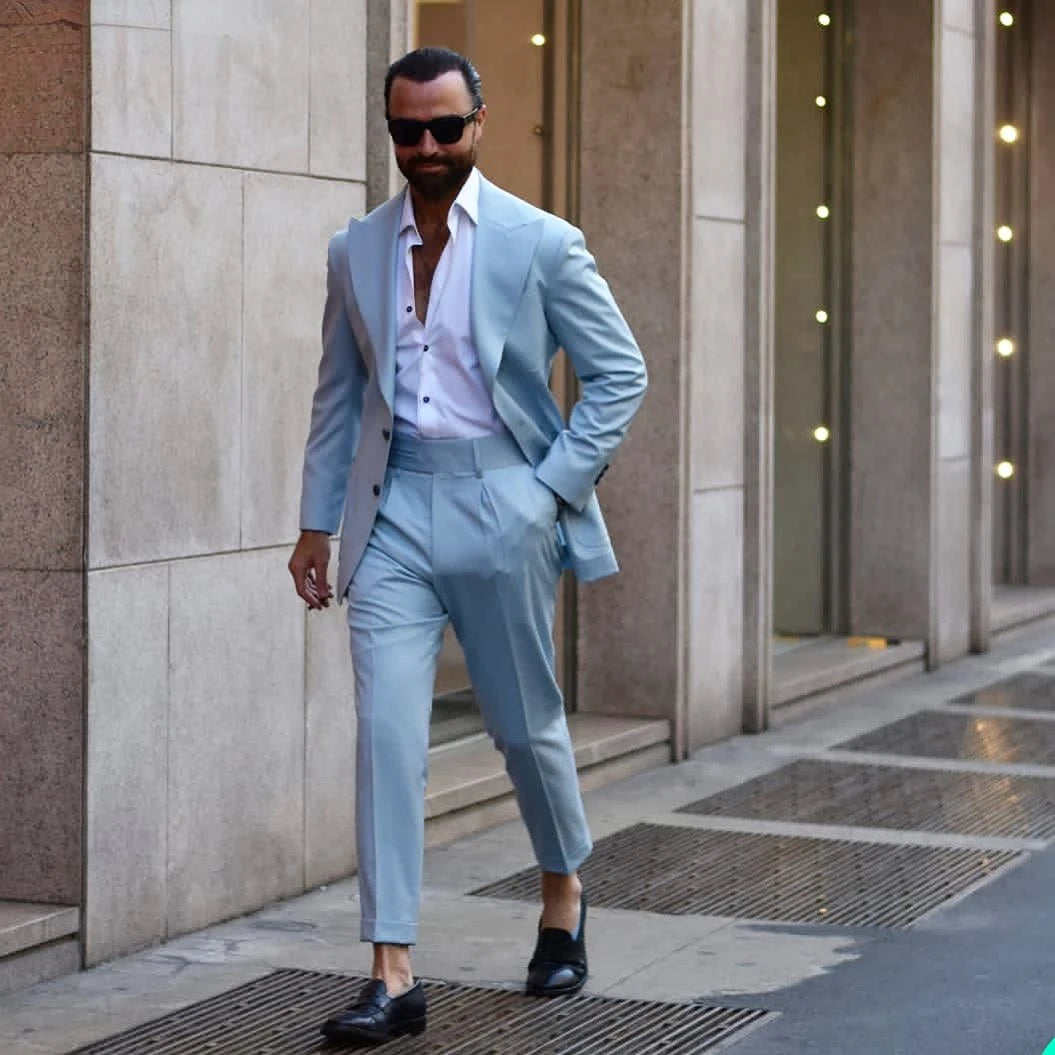 Men's Suit Sky Blue Single Breasted Peaked Lapel Casual Set Wedding Groomsmen 2 Piece(blazer+pants)slim Fit Costume Homme