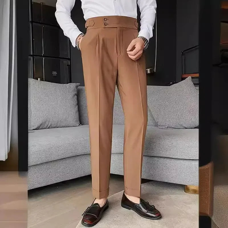 Neapolitan Men's Slim Fit Straight Leg Business Casual Trousers High Waist Pure Color Autumn Spring Long Pants