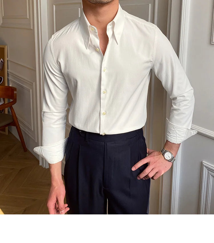 Spring Leisure British Business Shirt Design British Men Cuba Collar Slim Solid White Shirt Camisa Social Masculina Men Shirt