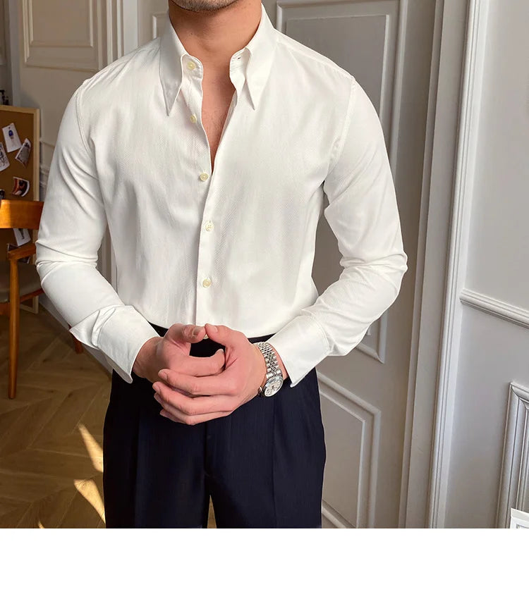Spring Leisure British Business Shirt Design British Men Cuba Collar Slim Solid White Shirt Camisa Social Masculina Men Shirt