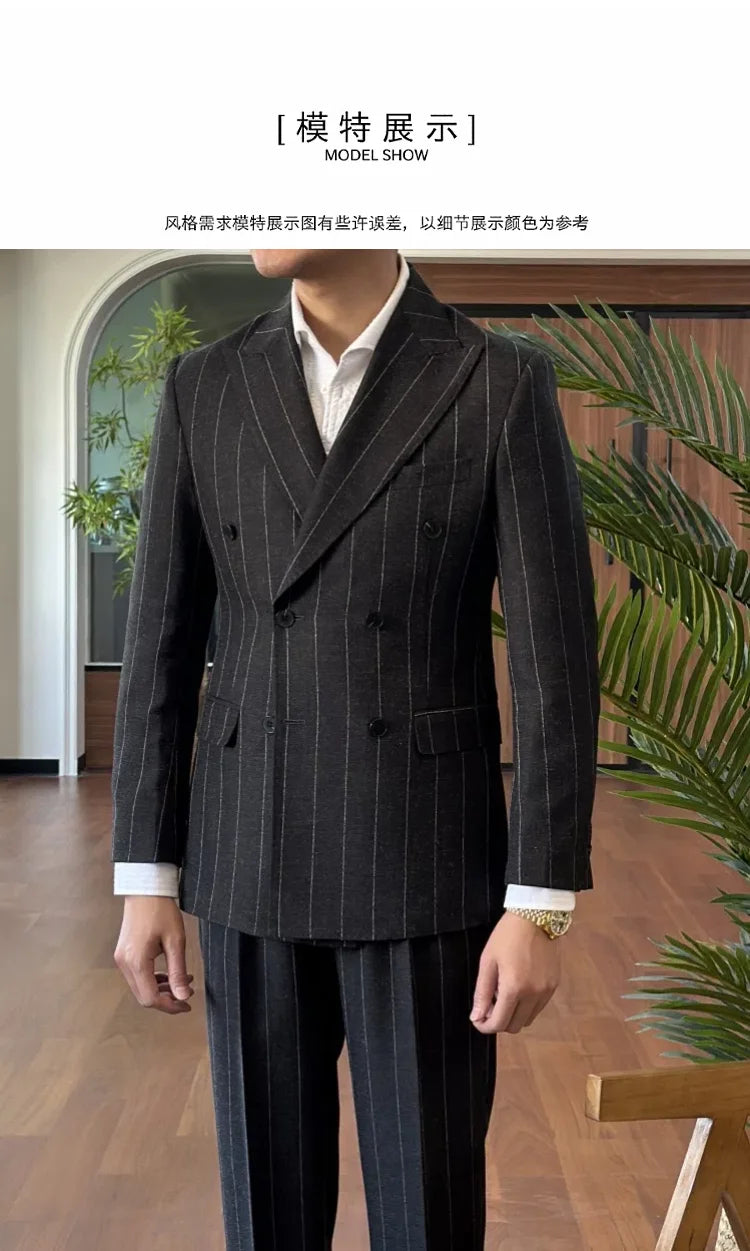 Men Suit Designers Slim Fit Business Casual Striped Double Breasted Suit Set Trend Traje Novio 2025 Men Tuxedo Suit Grooms Suit