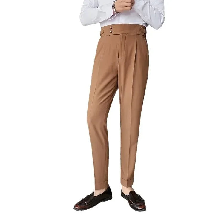 Neapolitan Men's Slim Fit Straight Leg Business Casual Trousers High Waist Pure Color Autumn Spring Long Pants