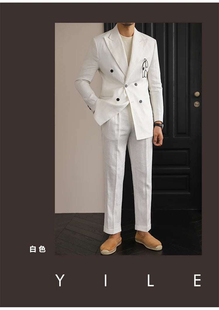 Luxury Linen Double Breasted Italian Suit For Men's Versatile Slim Fit Business Lapel Collar Retro Suit Green Brown 4 Colors