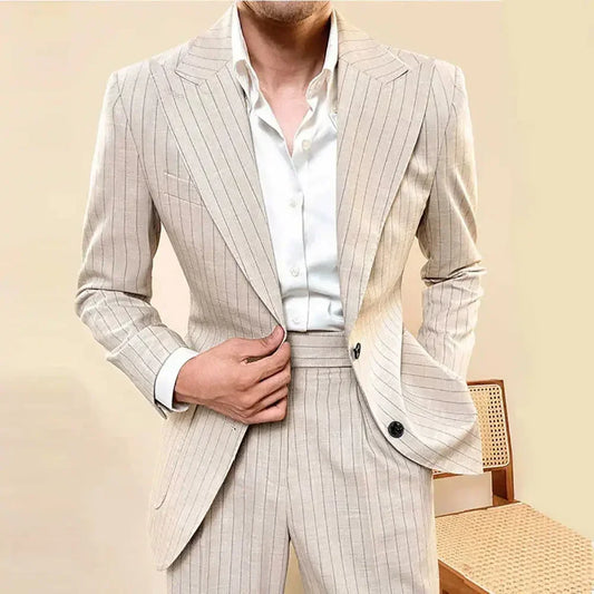 Chic Striped Suits for Men 2 Piece Business Casual Formal Clothing Slim Single Breasted Peak Lapel Male Suit (Jacket+Pants)