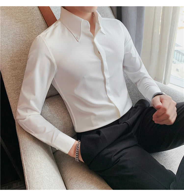 Autumn Solid Concealed Placket Shirts Men Long Sleeve Slim Fit Social Shirt Male High Quality Business Casual Prom Tuxedo