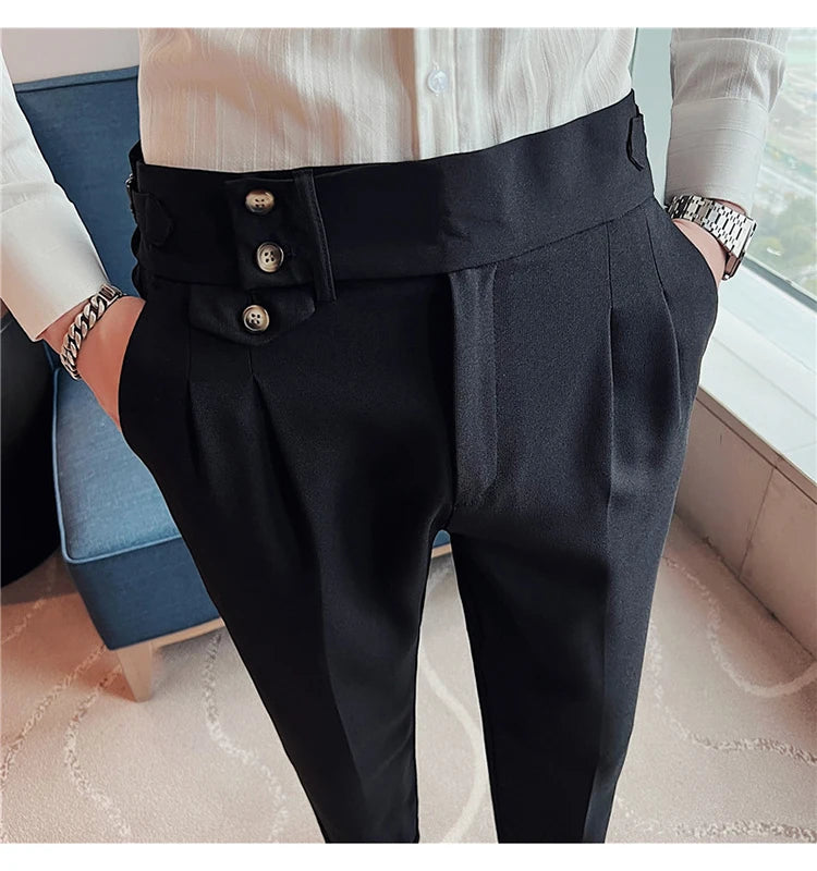 British Style Spring New Solid Business Casual Suit Pants High Waist Button Men Formal Pants High Quality Slim Office Trousers