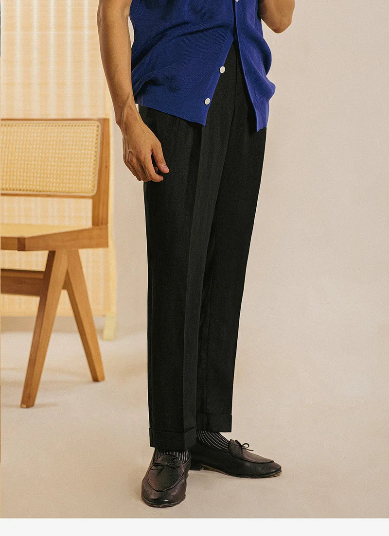 Naples High Waist Suits Retro Casual Pant Office-trouser Men Dress Pant Trouser British High Waist Pants Linen Straight Leg Pant