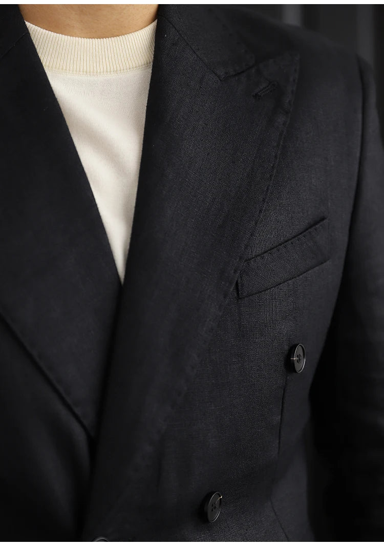 Luxury Linen Double Breasted Italian Suit For Men's Versatile Slim Fit Business Lapel Collar Retro Suit Green Brown 4 Colors